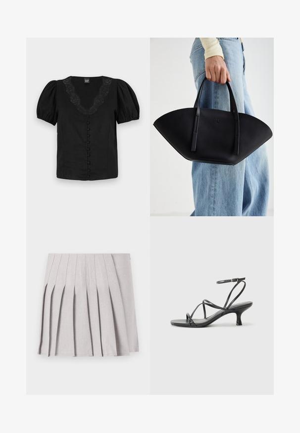 Juoda palaidinė su pūstomis rankovėmis, V formos iškirpte, dekoruota š lace detalėmis, ir pamušalais priekyje su sagutėmis. Pagaminta iš lengvos medžiagos, lygaus paviršiaus.; Pilka klostuota sijonas su lygiu paviršiumi, su daugeliu vertikalių klosčių ir pritaikytu juosmeniu. Pagamintas iš lengvo audinio.; Juodos aukštakulnės šlepetės su plonomis dirželiais, atvira nosimi ir mažomis platėjančiomis kulno dalimis. Medžiaga atrodo lygi ir blizgi.; Juodas odinis rankinis uždangalas unikaliu ventiliatoriaus formos dizainu, turintis plokščias rankenas. Paviršius turi akmeninė tekstūrą ir minimalistišką dizainą.