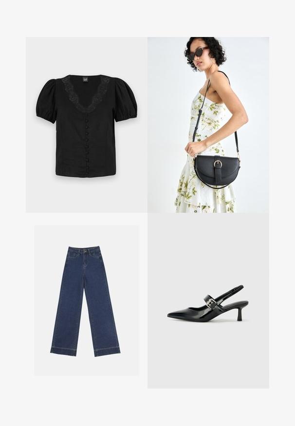 Črna bluzica z napihnjenimi rokavi, V-izrezom z čipkastimi detajli in obloženimi sprednjimi gumbi. Narejena iz lahkotnega blaga z gladko teksturo.; Široke traperice v temno modrem denimu. Imajo pet žepov, zanke za pas in surov rob na dnu z vidnimi šivi.; Črne patent usnjene slingback pete s koničastim nosom in majhnim blok peto, ki vključujejo srebrno zaponko na traku.; Črna usnjena torbica s ukrivljeno obliko, z odstranljivo naramnico in zlatimi dodatki. Torbica ima pokrov s podrobnostmi v obliki zaponke.