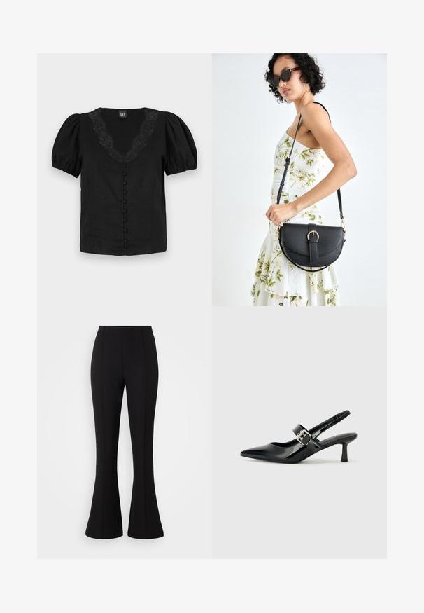 Black blouse with puff sleeves, V-neckline featuring lace detail, and lined front buttons. Made from lightweight fabric, smooth texture.; Black flared pants made from stretchy fabric, featuring a smooth texture, high waist, and seam detailing along the front.; Black patent leather slingback heels with a pointed toe and a small block heel, featuring a silver buckle accent on the strap.; Black leather handbag with a curved shape, detachable strap, and gold hardware. The bag features a flap with a buckle detail.