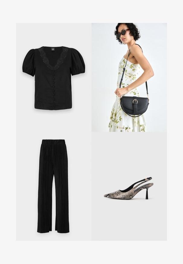 Blusa preta com mangas bufantes, decote em V com detalhamento em renda e botões frontais forrados. Feita em tecido leve, com textura suave.; Calças pregueadas pretas com uma cintura elástica. Apresentam pernas largas e um tecido liso, texturizado com riscas verticais.; Sapatos slingback de bico fino feitos de material texturizado com padrão de cobra, apresentando um salto preto esguio e um design recortado nas laterais.; Bolsa de couro preta com forma curva, alça destacável e detalhes em dourado. A bolsa possui uma aba com detalhe de fivela.