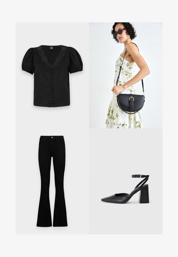 Black blouse with puff sleeves, V-neckline featuring lace detail, and lined front buttons. Made from lightweight fabric, smooth texture.; Black high-waist jeans with a button and zip closure, front pockets, and flared legs laid flat on a white background.; Black leather pointy-toe pump with an ankle strap and a chunky heel. Flat texture, sleek design, and minimalistic aesthetics.; Black leather handbag with a curved shape, detachable strap, and gold hardware. The bag features a flap with a buckle detail.