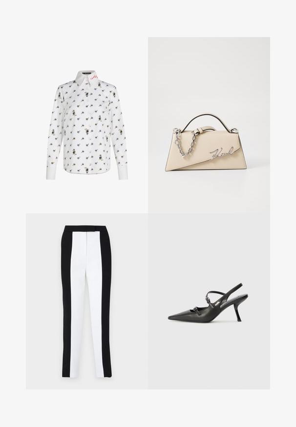 Camicia bianca a maniche lunghe con un motivo ripetuto di personaggi dei cartoni animati. Logo rosso ricamato sul colletto. Tessuto morbido, vestibilità sartoriale.; Pantaloni tapered bianco e nero che presentano una vestibilità slim con pannelli a contrasto. Il tessuto ha una texture liscia; la vita è piatta e aderente.; Scarpe slingback nere in pelle con punta affilata, tacco sottile e dettaglio decorativo a fibbia sulla tomaia. Texture liscia e design elegante.; Borsa a mano in pelle beige con una forma triangolare strutturata, dotata di un manico in catena argentata e di un logo in metallo scritto in corsivo.