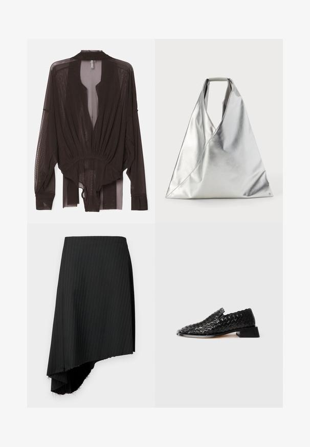 Schwarze durchsichtige Bluse mit langen Ärmeln, gerafftem Tailleneinsatz und offenem Frontdesign. Leichter Stoff mit glatter Textur und fließender Silhouette.; Schwarzer, gestreifter Rock mit asymmetrischem Saum, der rohen Kanten aufweist. Aus leichtem Stoff mit glatter Textur gefertigt.; Schwarzer, geflochtener Leder-Slipper mit niedrigem Blockabsatz und gewelltem Rand, auf weißem Hintergrund präsentiert.; MM6 Maison Margiela CLASSIC JAPANESE HANDBAG - Handtasche - silver-coloured