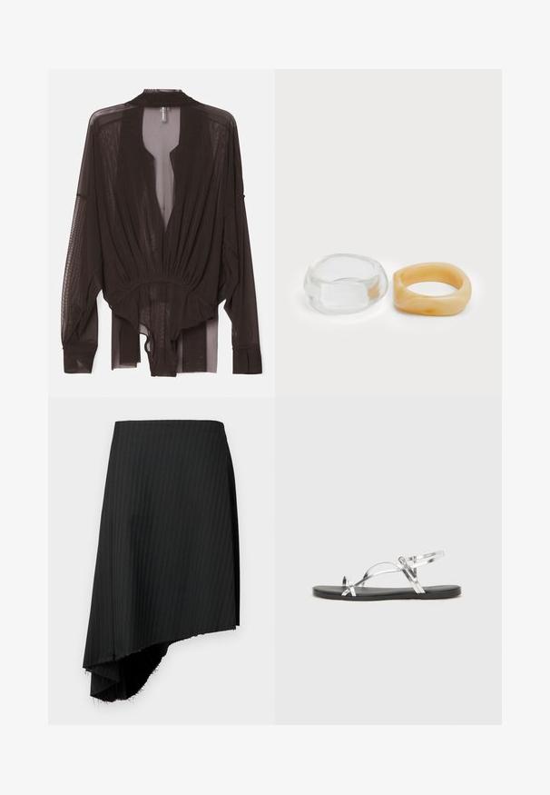 Czarna przezroczysta bluzka z długimi rękawami, marszczonym pasem i otwartym przodem. Lekki materiał o gładkiej teksturze i swobodnym kroju.; Czarna spódnica w paski z asymetrycznym dołem, z surowymi brzegami. Wykonana z lekkiego materiału o gładkiej teksturze.; Srebrne metaliczne sandały o minimalistycznym designie, z cienkimi paskami i czarną płaską podeszwą. Cechą wyróżniającą są akcenty w postaci krzyżujących się pasków.; Jasne i bursztynowe pierścionki z żywicy, jeden gładki i przezroczysty, drugi z teksturowanym, bursztynowym wykończeniem. Oba mają zaokrąglone, masywne kształty.