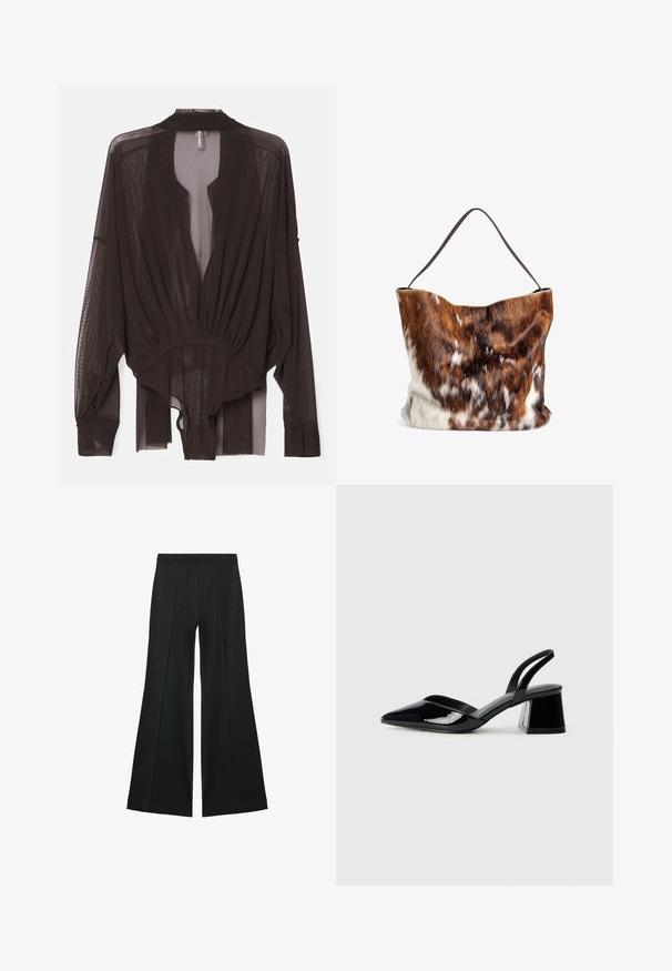 Svart genomskinlig blus med långa ärmar, samlad midja och öppen framdesign. Lättviktsmaterial med en mjuk textur och flödande silhuett.; Svarta vida byxor med en slät textur, med framfickor och skräddarsydd design. Tyget är lätt och flödande.; Svarta lackläder slingback klackar med spetsig tå och geometrisk klack. Har en elegant, minimalistisk design och slät yta.; Väska av brun och vit päls med en mjuk textur, som har ett öppet topp och en enda mörkbrun rem. Designen är något vågig högst upp.