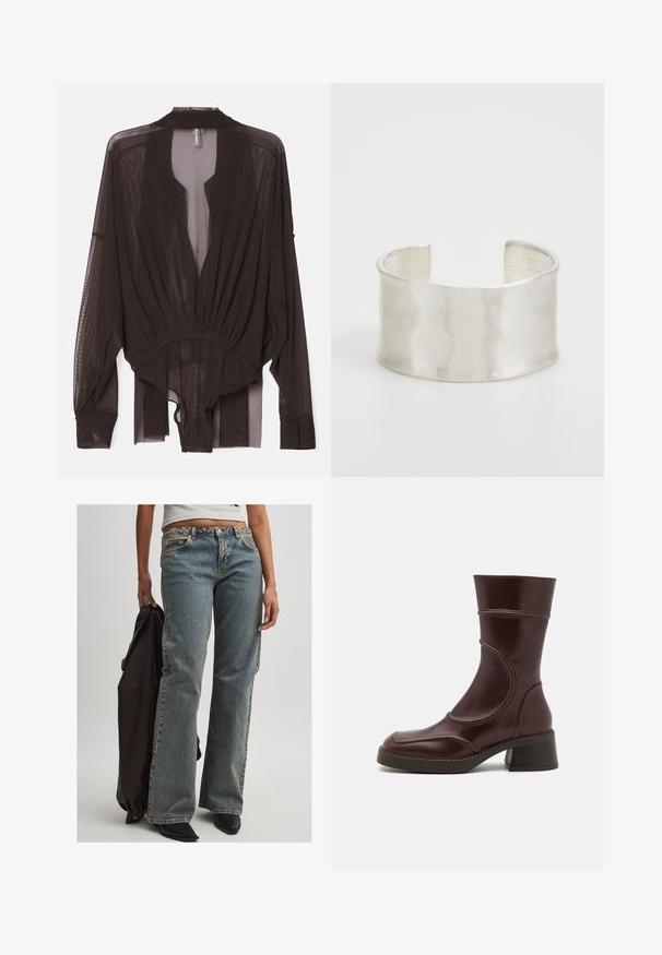 Juoda permatoma palaidinė su ilgomis rankovėmis, susitraukusia juosmens dalimi ir atviru priekiu. Lengvas audinys su švelnia tekstūra ir laisvu siluetu.; Šviesiai mėlynos džinsinės kelnės su laisvu siluetu, turinčios vidutinio aukščio juosmenį, matomus siūlus ir klasikinį penkių kišenių dizainą. Taip pat matomi juodi batai ir tamsus švarkas.; MIISTA MALENE - Klasikiniai aulinukai - brown; Zign Apyrankė - silver-coloured