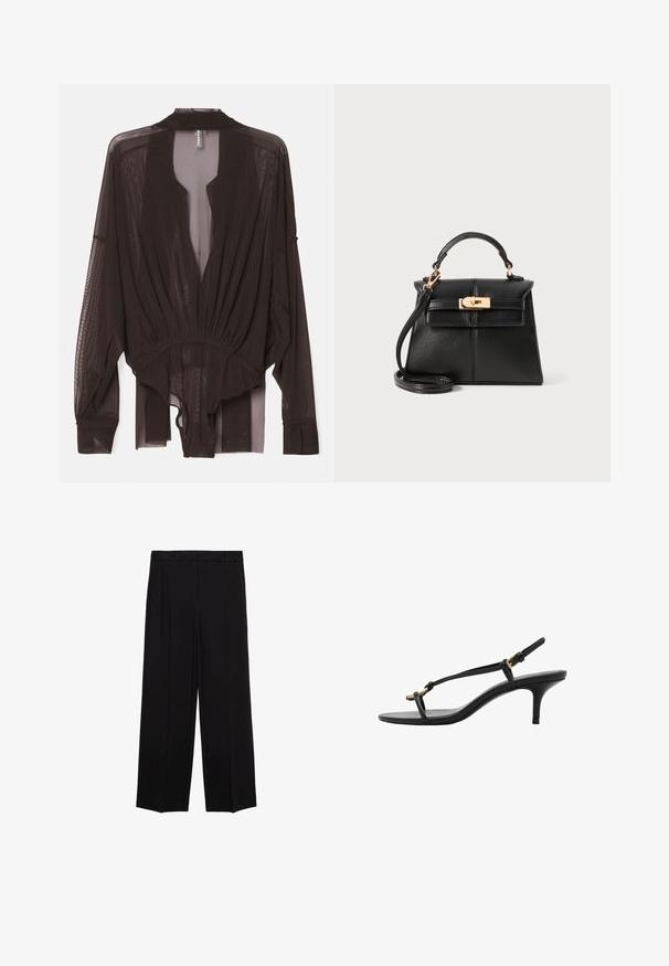 Schwarze durchsichtige Bluse mit langen Ärmeln, gerafftem Tailleneinsatz und offenem Frontdesign. Leichter Stoff mit glatter Textur und fließender Silhouette.; Schwarze weit geschnittene Hosen aus glattem Stoff, mit Falten an der Vorderseite und seitlichen Taschen, entworfen in einem geraden, lässigen Schnitt.; Schwarze Leder-Kitten-Heel-Sandale mit dünnen Riemen, goldener Schnalle und minimalistischer Zehen-Schlaufe vor einem weißen Hintergrund.; Schwarze Lederhandtasche mit strukturiertem Design, Obergriff, abnehmbarer Schulterriemen und Hardware in Goldtönen an einem Magnetverschluss.; Klare und bernsteinfarbene Harzringe, einer glatt und transparent, der andere mit einer strukturierten, bernsteinfarbenen Oberfläche. Beide haben ein abgerundetes, massives Design.
