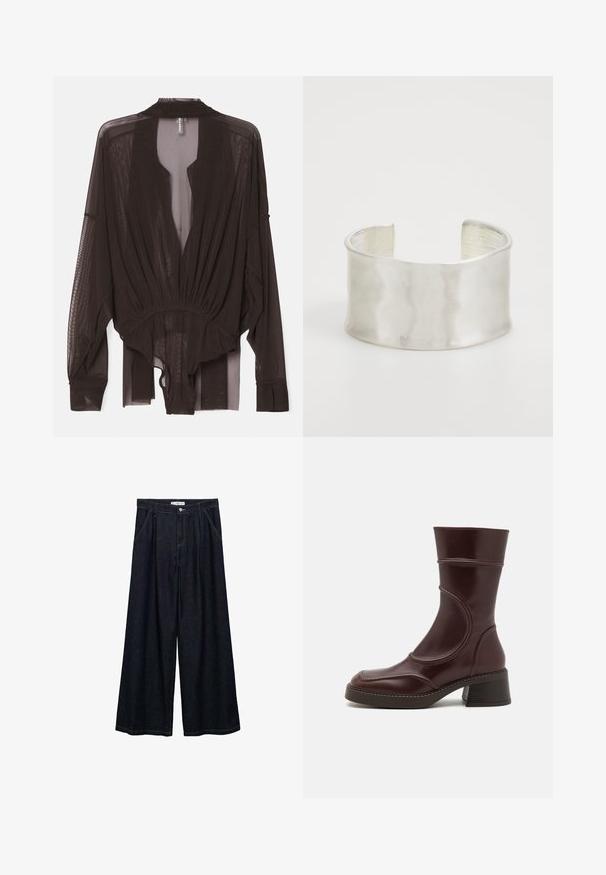 Zwarte doorzichtige blouse met lange mouwen, gathered taille en open front ontwerp. Lichtgewicht stof met een gladde textuur en vloeiende silhouet.; Donkerdenim wijde-broek met een hoge taille, voorzien van een sluiting met knoop aan de voorkant, twee zijzakken en stikdetails.; MIISTA MALENE - Lage laarzen - brown; Zign Armband - silver-coloured