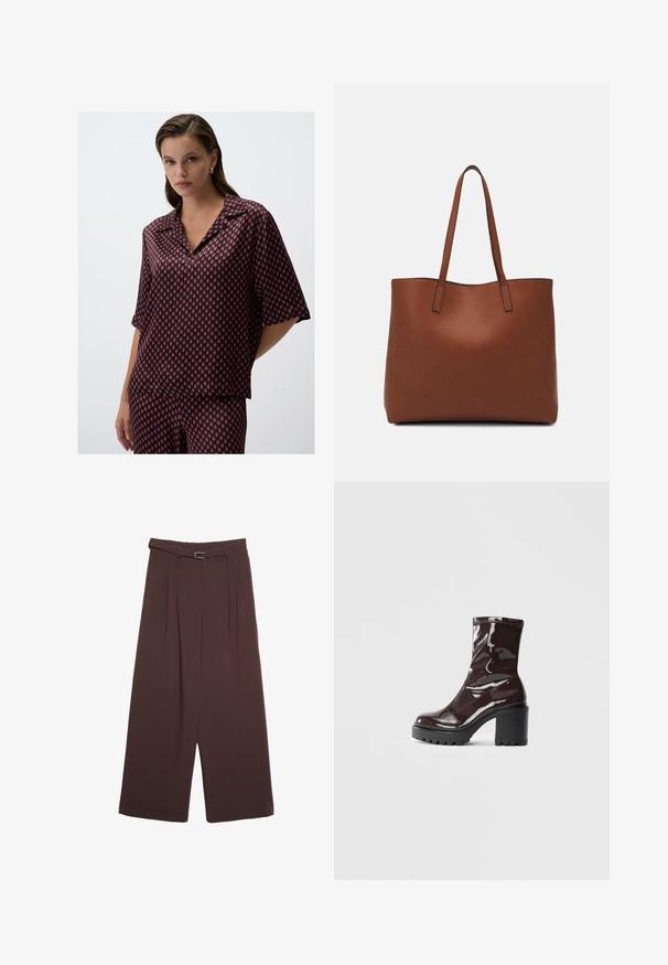 Bluzka w geometryczny wzór w kolorze czerwonym i granatowym, wykonana z lekkiego materiału, z kołnierzykiem i krótkimi rękawami, o luźnym kroju.; Stradivarius - Spodnie materiałowe; Błyszczące bordowe botki za kostkę z masywną czarną obcasem, charakteryzujące się gładką teksturą i prostym wzornictwem. Brak widocznych zapięć lub wzorów.; Brązowa skórzana torba tote o gładkiej fakturze, z otwartym wierzchem i dwoma ramiączkami. Charakteryzuje się minimalnym przeszyciem i brakiem widocznych elementów metalowych.