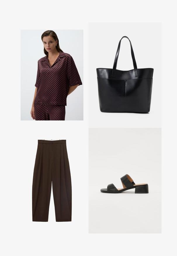 Blusa in tessuto leggero a motivo geometrico rosso e navy, con colletto e maniche corte, dal taglio morbido.; Pantaloni marroni a vita alta con pieghe, realizzati in tessuto morbido. Vestibilità ampia, design a gamba dritta, dotati di passanti per cintura e chiusura con zip.; Sandalo in pelle nera con due ampie cinghie che attraversano il piede, punta quadrata e tacco basso a blocco. Texture liscia e design minimale.; Borsa a tracolla in pelle nera con due manici lunghi, una texture liscia e una forma strutturata. Presenta una tasca frontale per ulteriore spazio di archiviazione.