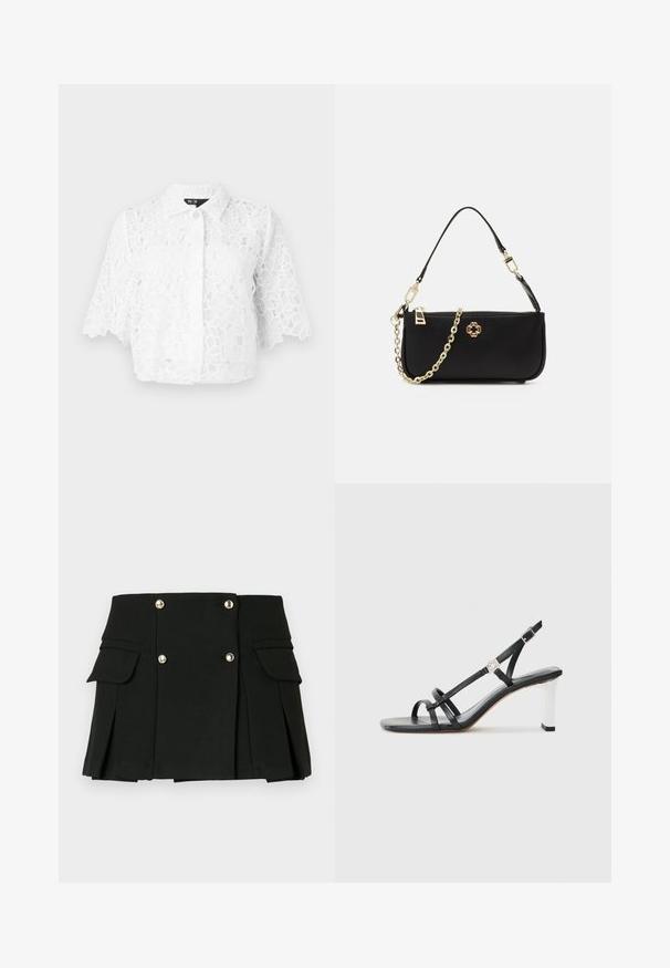 Maje BRIDAL CIBLANCHE - Skjortebluse - blanc; Svart plisserad minikjol i texturerad tyg, med två fickor fram och detaljer i guldtonade knappar.; Svarte hæler med flere smale stropper, slinga bak og sølvfarge på hælen. Glatt overmateriale og firkantet hæl.; Svart håndveske med en glatt tekstur, som har en gullkjede-reim, glidelås-lukking og et dekorativt gull-emblem på forsiden.