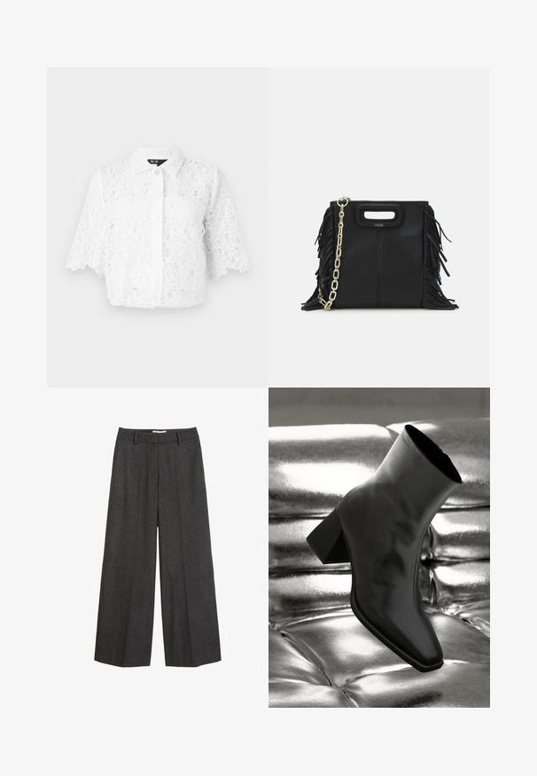 Maje BRIDAL CIBLANCHE - Skjortebluser - blanc; Hvid strikket tanktop med firkantet halsudskæring, brede stropper og en afslappet pasform, der har en glat tekstur og ingen mønstre.; Bredde bukser i mørkegrå stof. Har en skræddersyet talje med bæltesløjfer, glat tekstur og minimale syninger som detaljer.; Sorte ankelstøvler lavet af glossy materiale med firkantet tå og spidse hæle, sat mod en skinnende sølv tuftet baggrund.; Sort læder skuldertaske med frynse-detaljer, guldkæde skulderrem og udskåret håndtag. Har logo placeret på forsiden.