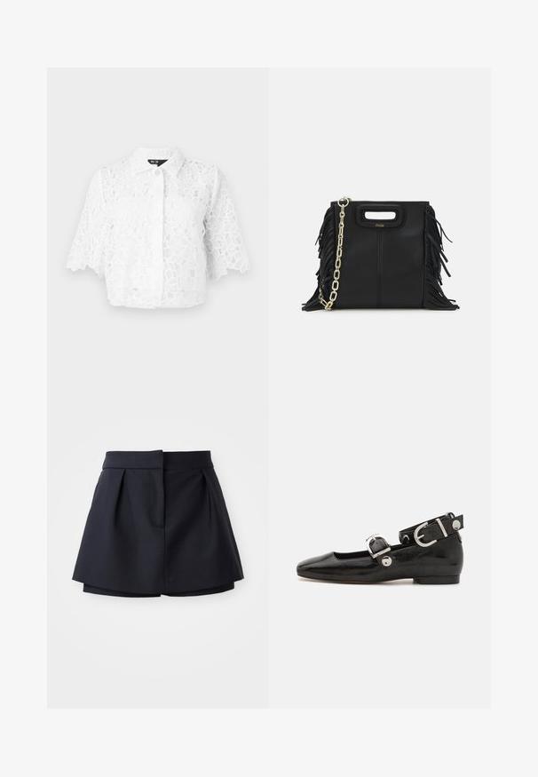 Maje BRIDAL CIBLANCHE - Camicia - blanc; Pantaloni corti plissettati di colore blu navy con vita alta, realizzati in tessuto liscio. Presentano un design aderente e una tasca frontale nascosta.; Scarpa flat in vernice nera con punta quadrata, cinturino alla caviglia con hardware in argento e suola piatta. Texture liscia con design minimalista.; Borsa a tracolla in pelle nera con dettagli a frangia, catena dorata e manico ritagliato. Presenta il logo sulla parte anteriore.