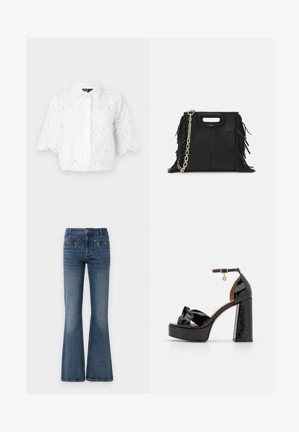 Maje BRIDAL CIBLANCHE - Button-down blouse - blanc; Flared blue denim jeans with a mid-rise waist, featuring front and back pockets and a subtle faded wash.; Maje High heeled sandals - noir; Black leather handbag with fringe details, gold chain shoulder strap, and a cut-out handle. Features logo placement on the front.
