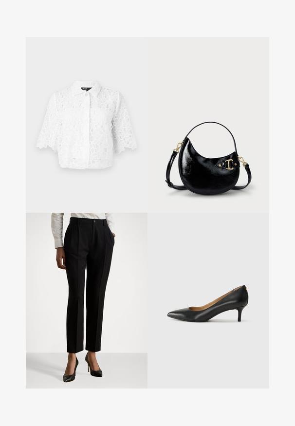 Maje BRIDAL CIBLANCHE - Overhemdblouse - blanc; Zwarte op maat gemaakte broeken met een hoge taille, voorzien van plooien, een knoopsluiting en zijzakken. Gemaakt van gladde stof.; Zwarte leren pump met een puntige teen, lage hak en een gladde textuur. Heeft een lichte opening aan de voorkant en minimale hardware aan de achterkant.; Zwarte gepatineerde leren handtas met een gebogen vorm, verstelbare schouderband en gouden hardwaredetails aan de zijkant. Gladde, glanzende textuur.