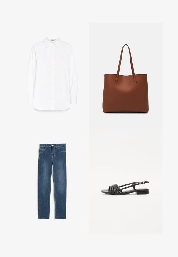 Camicia bianca con colletto a punte, maniche lunghe e orlo curvo. Realizzata in un tessuto leggero e morbido. Leggera lucentezza.; Jeans in denim blu scuro con vestibilità dritta, cinque tasche, dettagli di cucitura sottili e un bottone metallico in vita.; Sandali neri piatti con un design a strisce, caratterizzati da molteplici cinturini in pelle e una sottile fibbia alla caviglia. La soletta è piatta e rettangolare.; Borsa tote in pelle marrone con texture liscia, design con apertura superiore e due spallacci. Presenta cuciture minime e nessun hardware visibile.