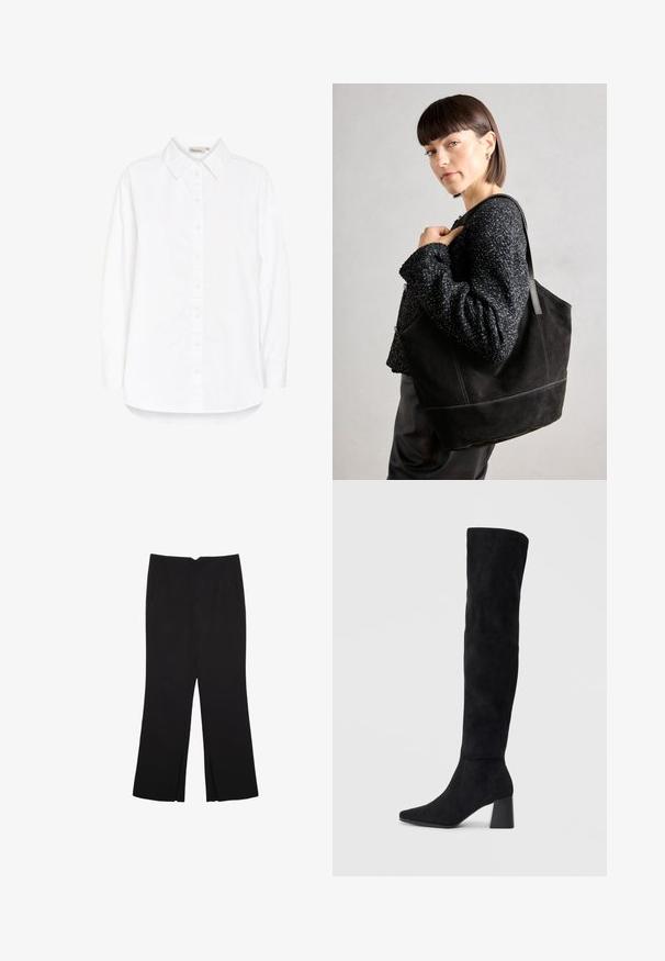 Bílá košile s dlouhými rukávy, se špičatým límečkem a zakulaceným spodním lemem. Vyrobena z hladké, lehké tkaniny. Slabý lesk.; Černé kalhoty s rovným střihem, s předními kapsami a bočními rozparky na lemu. Vyrobené z jemné, hladké tkaniny. Vhodné na různé příležitosti.; Černé semišové vysoké boty s blokovým podpatkem, špičatou špičkou a hladkým, bezšvovým designem na jednoduchém světlém pozadí.; Černá semišová taška přes rameno s hladkým povrchem, strukturovaným tvarem a kontrastním prošíváním. Má dlouhé popruhy pro nošení přes rameno.