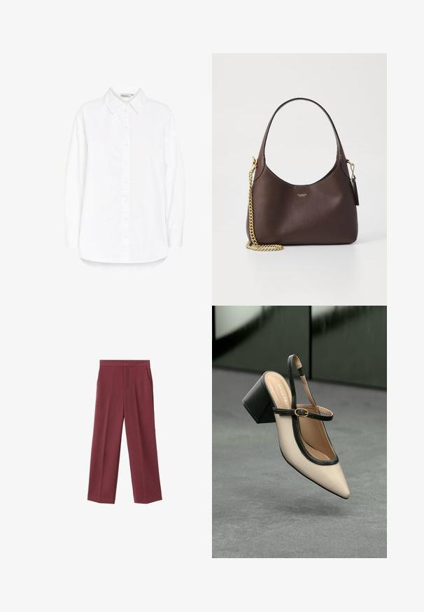 Cămașă albă cu guler tip point, mâneci lungi și tiv curbat. Confecționată dintr-un material ușor, neted. Reflexie subtilă.; Pantaloni largi de culoare vișinie, cu o textură fină, dotate cu buzunare laterale și un design cu talie înaltă. Croiți cu o pliu curat pe față.; Pantof divers în nuanță bej, cu vârf ascuțit, curea de susținere în spate, cu margine neagră, cataramă aurie și toc gros pe un podea gri, cu un fundal verde închis.; COACH BROOKLYN SHOULDER BAG 23 - Geantă de mână - maple