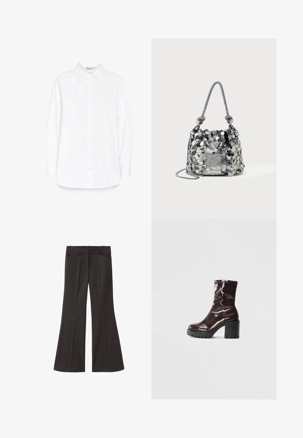 Weißes Hemd mit Knöpfen, spitzem Kragen, langen Ärmeln und abgerundetem Saum. Hergestellt aus einem glatten, leichten Stoff. Dezenter Glanz.; Schwarze, weit geschnittene Hosen mit hoher Taille; verfügt über zwei Fronttaschen und eine glatte Stoffoberfläche. Geeignet für verschiedene Anlässe.; Glatte bordeauxrote Ankle Boots mit einem klobigen schwarzen Absatz, die eine glatte Oberfläche und ein einfaches Design aufweisen. Keine sichtbaren Verschlüsse oder Muster.; Kleine silberne Handtasche, die mit großen Pailletten bedeckt ist, mit einem geknoteten Griff und einer Kettenriemen, auf der Vorderseite mit dem Guess-Logo.