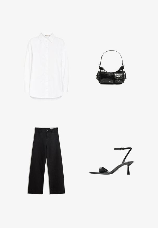 White button-up shirt with a point collar, long sleeves, and a curved hem. Made from a smooth, lightweight fabric. Subtle sheen.; Black wide-leg denim pants with a high waist, featuring front and back pockets, stitched seams, and a button closure. Smooth texture.; Bershka High heeled sandals - black; Black patent leather handbag with a curved shape, one shoulder strap, front pockets, and silver-tone hardware accents.