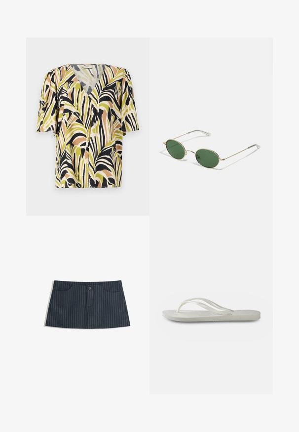 Bluză cu mânecă scurtă și decolteu în V adânc, având un model multicolor de frunze de palmier în verde, negru și marron pe un fundal deschis.; Fustă mini navy blue cu dungi, cu buzunare frontale și închidere cu un singur nasture la talie.; Flip-flop alb cu o talpă texturată, având bretele subțiri și un design plat. Fabricat din cauciuc, cu un logo subtil pe talpa interioară.; Ochelari de soare cu ramă aurie, lentile ovale verzi și brațe subțiri din metal. Dispune de vârfuri din plastic transparent pe brațe pentru confort.; Geantă de mână din piele neagră cu un design structurat, mânere superioare și detalii franjurate. Dispune de o curea de umăr detașabilă pentru versatilitate.