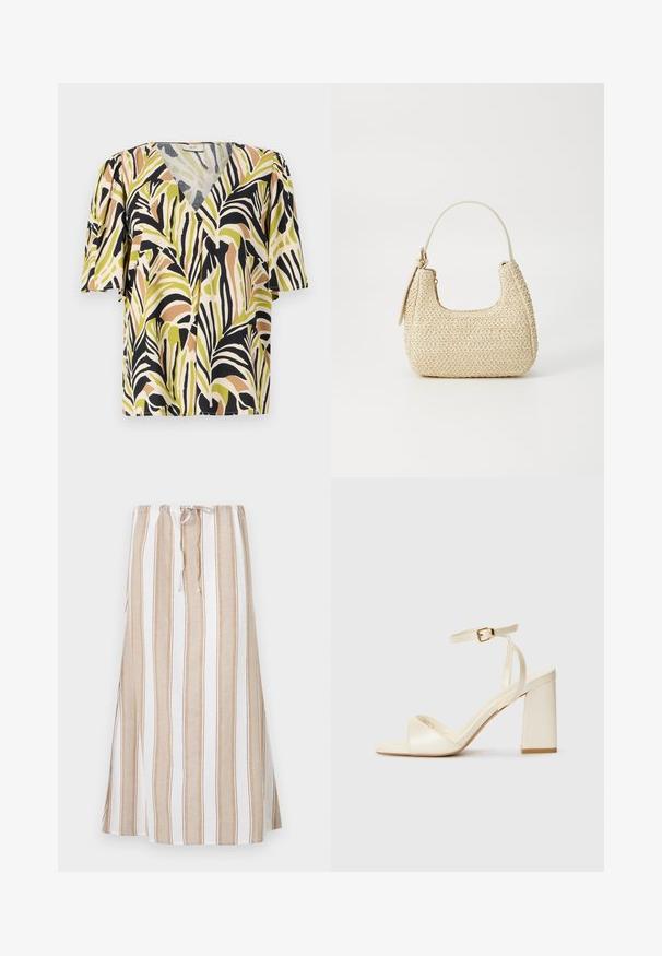 Rövid ujjú blúz mély V-nyakkal, több színben pompázó pálmalevél mintázattal zöld, fekete és barna színekkel, világos háttéren.; Csíkos szoknya fehér és világosbarna színekben, húzózsinóros derékkal és hosszú, bájos ráncolással. Könnyű anyagból készült, laza szabással.; Krém színű, nyitott orrú magassarkú szandál vastag blokk sarokkal, vékony boka pánttal és enyhe fényes felülettel. Csat dísz a pánton.; Bézs színű, fonott szalmakézitáska ívelt formával, rövid fogantyúval és oldalsó cipzárral. Texturált felülettel és minimalista dizájnnal rendelkezik.