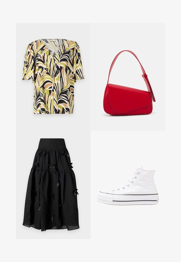 Trumpet su trumpu rankovėm ir giliu V formos iškirpimu, su daugiakampiu palmės lapų raštu žalia, juoda ir ruda spalvomis ant šviesaus fono.; Sister Jane BIRDIE BOW MIDI SKIRT - Trapecinis sijonas - black; Balti aukštakulniai drobės sportbačiai su juodu guminio pado, priekinio guminio piršto dangteliu ir šešiais akytėmis raištams, pasižymintys švariu, minimalistiniu dizainu.; Raudona odinė rankinė su kampuota, geometrine forma. Pasižymi viena reguliuojama dirželiu ir dangteliu su siuvinėtais dekoracijomis.