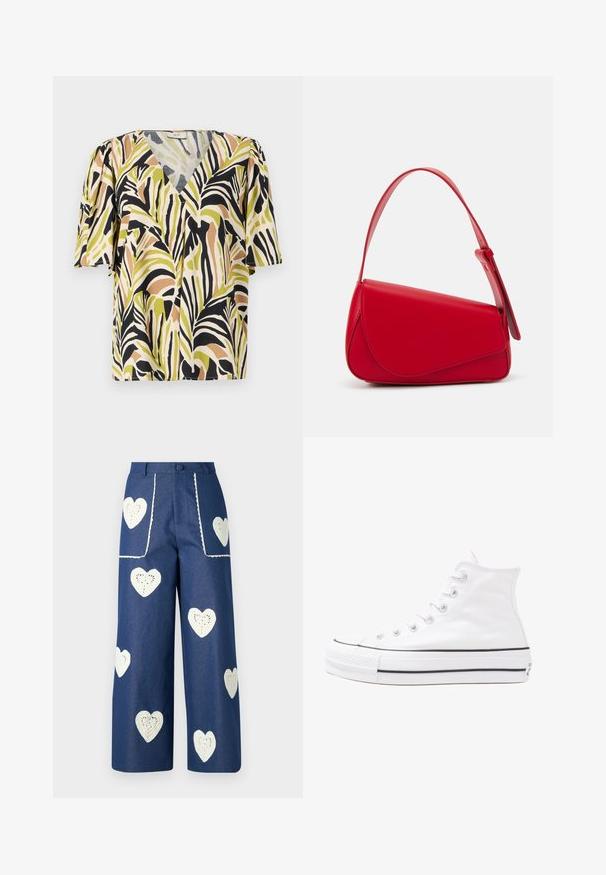 Paita lyhyillä hihoilla, jossa syvä V-pääntie. Paita on monivärinen palmunlehdesuunnitelma vihreällä, mustalla ja ruskealla vaalealla taustalla.; Sister Jane HEART TO HEART - Straight leg -farkut - blue denim; Valkoiset korkeavartiset kangaskengät mustalla kumipohjalla, edessä kuminen varvasosa ja kuusi nauha-aukkoa, puhtaan minimalistisella muotoilulla.; Punainen nahkalaukku, jossa on kulmikas, geometrinen muotoilu. Varustettu yhdellä säädettävällä hihnalla ja läpällä, jossa on ommeltu yksityiskohtia.