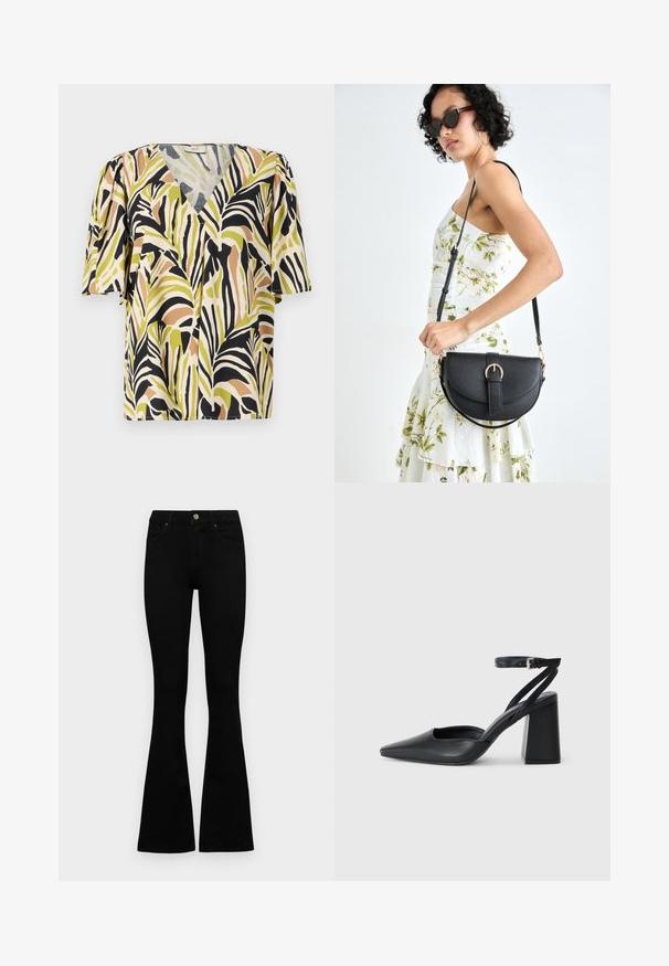 Lühikeste varrukatega pluus sügava V-kaeluse ning mitmevärvilise palmilehe mustriga rohelises, mustas ja pruunis heledal taustal.; Mustad kõrge vöökohtadega teksad, millel on nööp ja lukuga sulgemine, esikäe taskud ja laienevad sääred, asetatud tasasele valgele taustale.; Mustmustest must-käigukingad, millel on konksuga nöör ja paks konts. Ühtlane tekstuur, stiilne disain ja minimalistlik esteetika.; Mustmust mustraha kõverate joontega, eemaldatava rihmaga ja kuldsete detailidega. Kotil on klapp, millel on pandladetail.