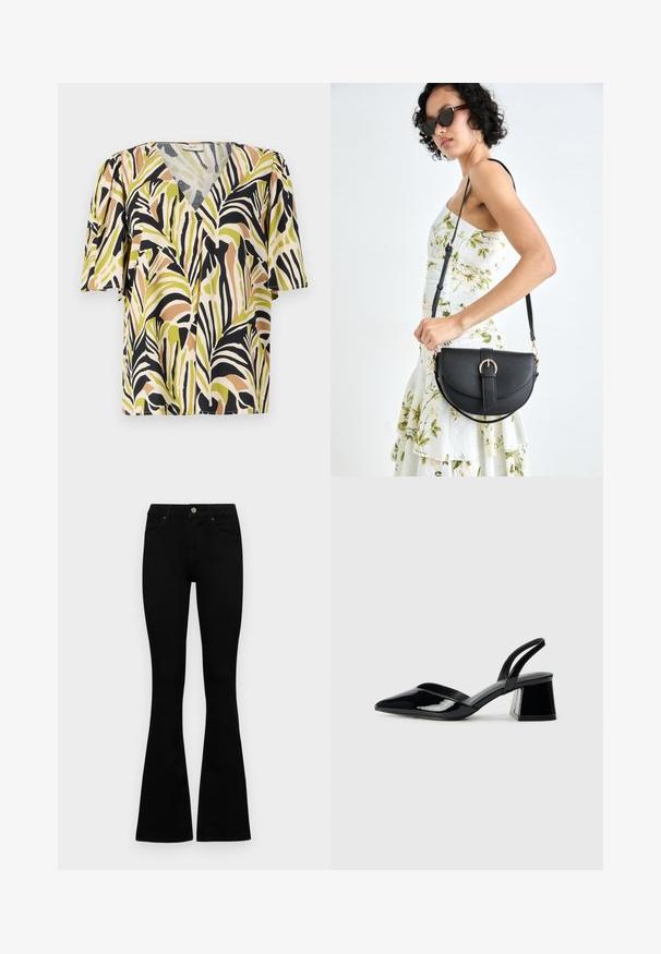 Blúzka s krátkymi rukávmi a hlbokým výstrihom do V, so vzorom mnohobarevných paliem v zelených, čiernych a hnedých odtieňoch na svetlom pozadí.; Čierne vysoké nohavice s gombíkom a zipsom, predné vrecká a rozšírené nohavice položené na bielom pozadí.; Čierne lakované kožené sandálové podpätky s špicatou špičkou a geometrickým blokovým podpätkom. Disponujú elegantným, minimalistickým dizajnom a hladkým povrchom.; Čierna kožená kabelka s zaobleným tvarom, odnímateľným popruhom a zlatými doplnkami. Kabelka má klopu s detailom s prackou.