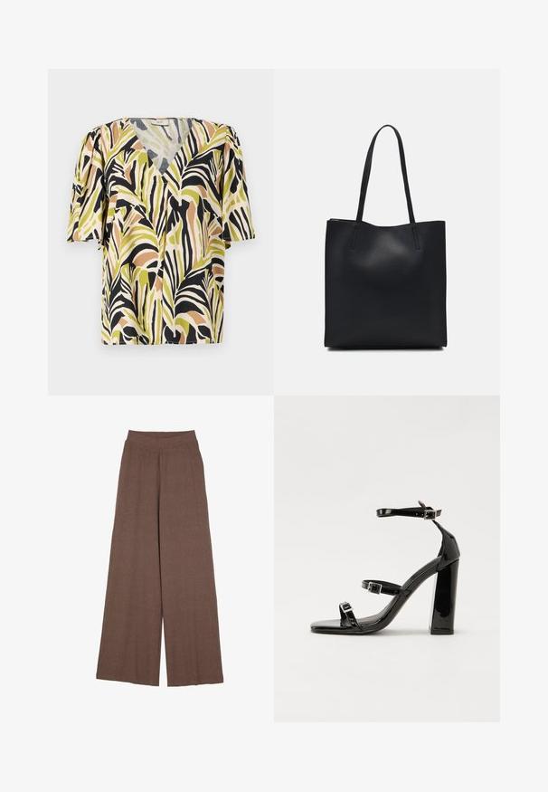 Rövid ujjú blúz mély V-nyakkal, több színben pompázó pálmalevél mintázattal zöld, fekete és barna színekkel, világos háttéren.; Széles szárú nadrág, texturált, bordázott anyagból, meleg barna színben. Zökkenőmentes derékrésszel és folyékony sziluettel rendelkezik.; Fekete lakk magas sarkú szandál négyzet alakú orral, bokapántokkal és ezüst csatokat tartalmaz. Masszív blokk sarka a stabilitásért felel.; Fekete bőrtáska sima felszínnel, téglalap alakú, két hosszú füllel. Nincs látható fémkiegészítő vagy díszítés.
