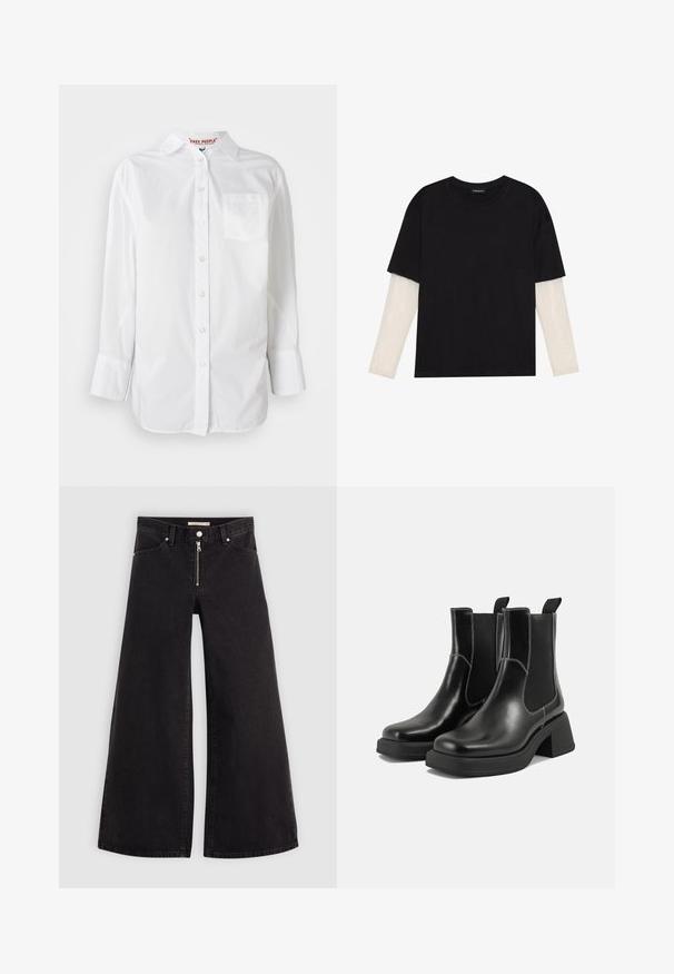 Balta ilgomis rankovėmis marškinių su apykakle ir krūtinės kišene, pristatyta prieš paprastą foną.; Juodas medvilninis marškinėliai su trumpomis rankovėmis, virš baltos ilgo rankovio sluoksnio, turinčio subtilų tekstūrinį raštą. Apvalus iškirpimas.; Plačios kojų džinsai iš juodo džinsinio audinio su užtrauktuku priekyje, penkių kišenių dizainu ir subtiliais siuvinėjimo akcentais. Lygus paviršius ir laisvalaikio stilius.; Juodos odinės Chelsea botai su storiu kulnu, elastinėmis šoninėmis panelėmis ir kontrastinga balta siūle. Tekstūruota apdaila.