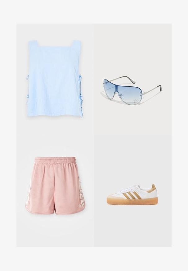 Svetlo modra lanena majica s kvadratnim izrezom in stranskimi kravaticami. Ima gladko teksturo in ohlapen, pravokotne oblike. Sofisticirana in minimalistična zasnova.; Roza atletska kratka hlača z elastičnim pasom, stransko belim črtanjem in majhnim logotipom na dnu levega sprednjega dela. Gladka tekstura tkanine.; Bela športna obutev z bež poudarki, ki vsebuje tri črte, zaobljen prst in prozoren gumijast podplat. Gladka usnjena in tekstilna materiala.; Pilotne sončne očala z gradijentnimi modrimi lečami, srebrnim kovinskim okvirjem in okrasnimi zvezdastimi detajli na lečah. Gladek in eleganten dizajn.; Srebrne uhane, ki vsebujejo dva oblike solzice in dve okrogli obliki, vse z obdelano, odsevnimi površinami in gladko teksturo.
