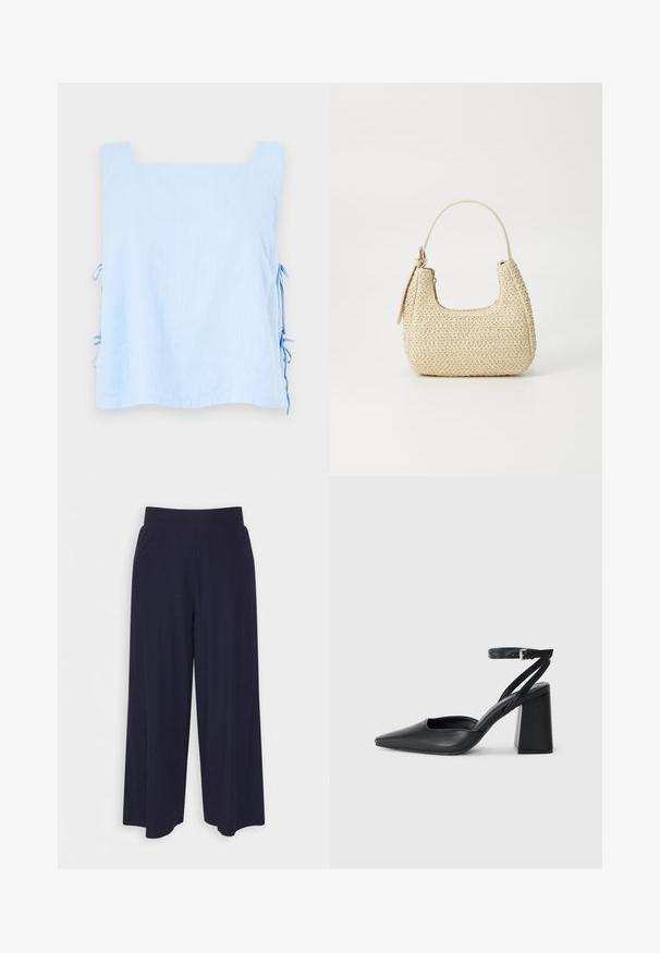 Gaiši zils lineļa tops ar kvadrātveida dekoltē un sānu saitēm. Tam ir gluda tekstūra un vaļīga, kastes forma. Izsmalcināts un minimālistisks dizains.; Platas kājas bikses tumši zilā audumā ar svītrainu tekstūru. Aprīkotas ar gludu jostasvietu un plūstošu siluetu, sasniedzot vidus teļus.; Melna ādas augstpapēžu kurpe ar norakstīto purngala formu, potītes siksniņu un masīlu papēdi. Gluda tekstūra, elegants dizains un minimālisma estētika.; Aušana salmu rokassoma béigā krāsā ar izliekto formu, īsu rokturi un sānu rāvējslēdzēju. Iespējas teksturēta virsma un minimālistisks dizains.