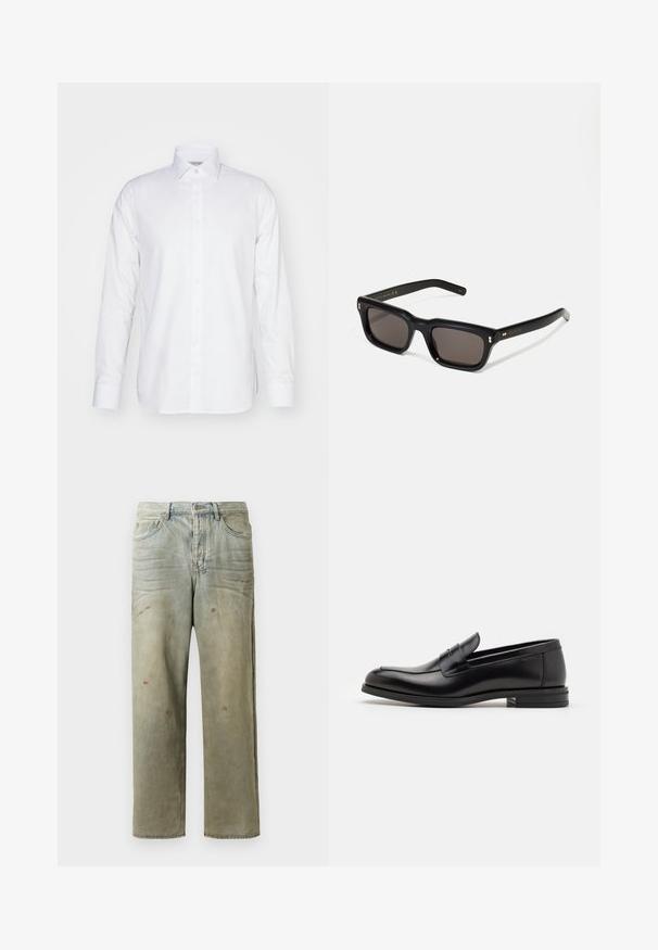 Garās piedurknes balta krekls, izgatavots no kokvilnas, ar apkakli, pogu aizdari un pielāgotu piegriezumu ar sānu šķēlumiem malā.; Izsistās džinsās gaisā zaļā krāsā, ar taisnu kāju, piecu kabatu dizainu un nevienmērīgu izbalēšanu, kā arī krāsas šļakatas.; Melnas ādas kurpes ar gludu tekstūru, noapaļu purngalu un dekoratīvu siksniņu pāri priekšpusei. Zems sakrauts papēdis, minimālisma dizains.; Melnas taisnstūra formas saulesbrilles ar tumšiem stikliem, bieza plastmasas rāmja, zelta akcenti pie tempļiem un zīmola logo iegravēts roku daļā.