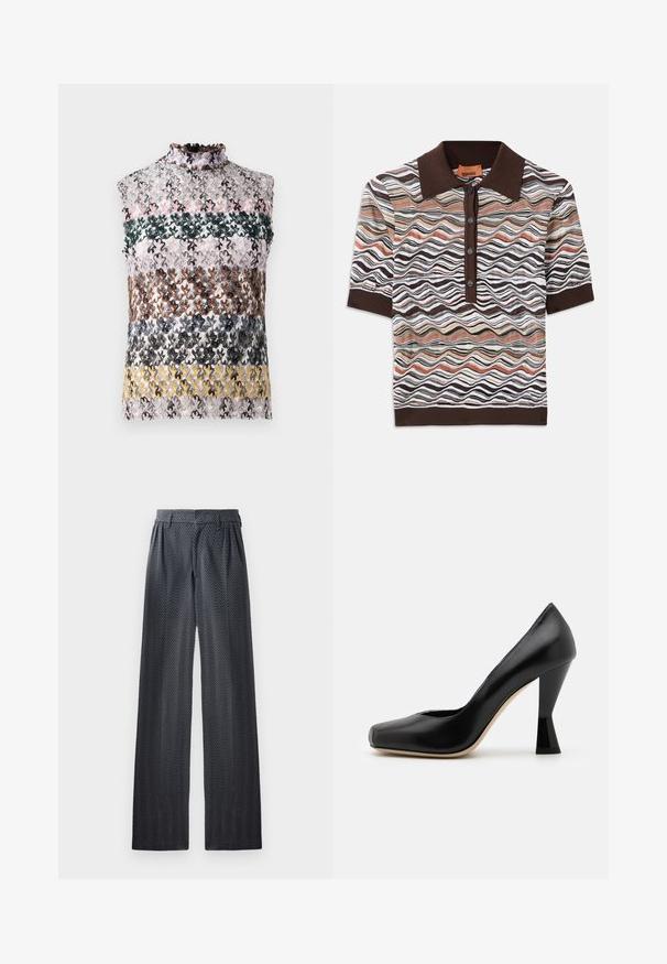 Sleeveless top with a high ruffled neckline, featuring horizontal stripes of multicolored floral lace in pink, green, brown, and yellow.; Brown collar polo shirt with a multicolored wavy pattern in shades of brown, cream, and terracotta; five-button placket; short sleeves.; Wide-leg trousers in dark gray fabric featuring a herringbone pattern, elastic waistband, and smooth texture, designed for comfort and versatility.; Black leather high-heeled shoe with a square toe and a uniquely shaped glossy black heel. Smooth texture and simple design.