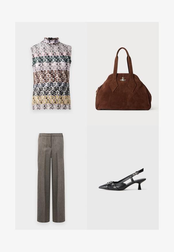 Beleltinis topas su aukštu raukiniais apykakle, puoštu horizontaliomis juostelėmis iš įvairiaspalvės gėlių nėrinių rožinės, žalios, rudos ir geltonos spalvų.; Pilkos raštuotos kelnės su pritaikyta išvaizda, plačiomis kojomis ir lygia tekstūra, su plokščiu priekiu ir diržo kilpomis.; Juodas odinis slingback tipo batai su smailiu priekiniu atvartu, dekoratyvinėmis sagtimis su metaliniais akyčiais ir žemu blokiniu kulnu. Saldus paviršius.; Ruda zomšo rankinė su struktūrine forma, apvaliu kūnu ir pailgom rombo formos rankenom. Yra sidabro spalvos uždarymo mechanizmas.