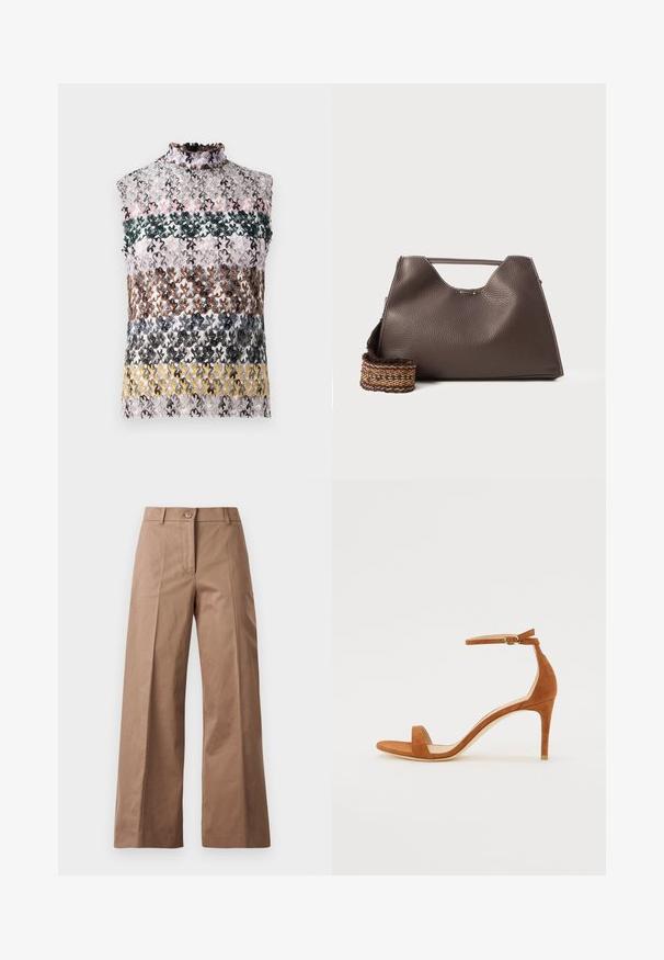 Top bez rukávov s vysokým volánovým výstrihom, vyrobený z horizontálnych pruhov z viacfarebnej kvetinovej čipky v ružovej, zelenej, hnedej a žltej farbe.; Hnedé nohavice s širokými nohavicami vyrobené z hladkej látky, s predným zapínaním na gombík, dvoma prednými vreckami a čistými, precízne vykrojenými líniami.; Hnedé semišové sandále na vysokom podpätku s tenkým pásikom okolo členku a zlatou prackou, otvorenou špičkou a elegantným, minimalistickým dizajnom.; Hnedá kožená kabelka s textúrovaným povrchom, ostrým dizajnom a charakteristickou hornou rúčkou. Obsahuje detail so vzorovaným tkaným pásikom.