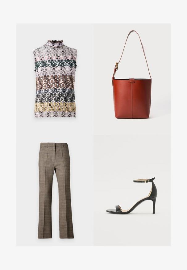 Sleeveless top with a high ruffled neckline, featuring horizontal stripes of multicolored floral lace in pink, green, brown, and yellow.; Brown plaid trousers with a straight leg cut, featuring a textured fabric and subtle colors of beige and darker browns throughout the pattern.; Black leather high-heeled sandal with an ankle strap. Features a smooth texture, open toe, and a thin heel. Gold-toned buckle detail.; Brown leather bucket bag with adjustable shoulder strap and gold-tone buckle, simple vertical seam detail on front.