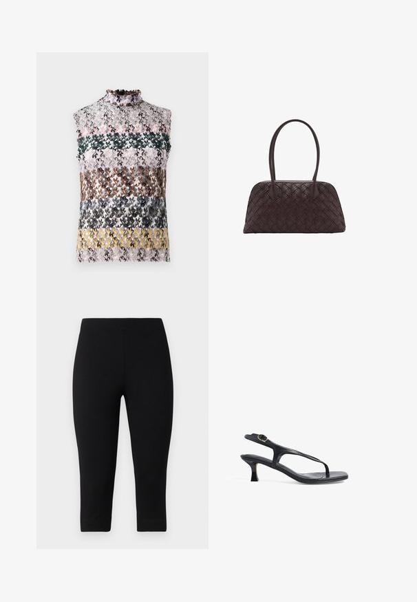 Top sin mangas con un alto cuello con volantes, que presenta rayas horizontales de encaje floral multicolor en tonos rosa, verde, marrón y amarillo.; Leggings capri negros hechos de un material elástico, que ofrecen un ajuste ceñido y una textura suave, sin patrones o acentos destacados.; Sandalia de cuero negro con un diseño delgado, tiras finas y un tacón pequeño. Presenta un detalle de hebilla y una plantilla de textura suave.; Bolso de mano de cuero marrón tejido con forma redondeada, doble asa superior y textura suave; presenta costuras sutiles como detalle de diseño.