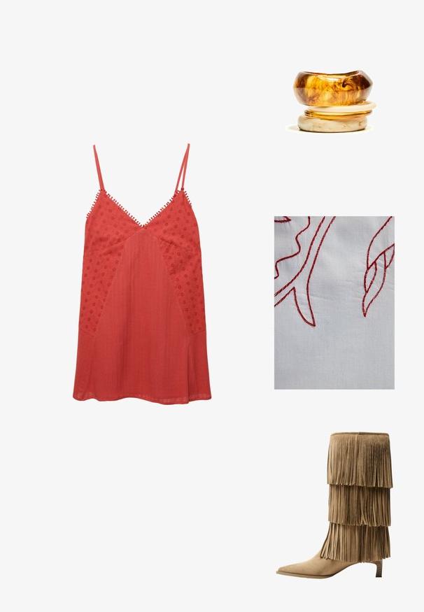 Biely textil s červeným vyšívaným detailom, zobrazuje listové tvary s rôznymi vzormi stehov a textúrovaným povrchom.; Červený top bez rukávov s výstrihom do V, zdobený vyšívanými kvetinovými vzormi a textúrovanými panelmi, s dekoratívnym lemovaním pozdĺž ramienok.; Krajkové členkové topánky z hnedej semišovej kože s tromi vrstvami franje. Špicatá špička a nízky blokový podpätok. Hladká štruktúra po celej ploche.; Tkána slamenná taška s prepletenou textúrou, tmavohnedé kožené rúčky a dno, široký obľúkový tvar a otvorený dizajn na vrchu.; Hromada dvoch prsteňov; vrchný je jantárový so zákrutami a spodný je svetlo béžový; oba sú hladké a lesklé z živice.
