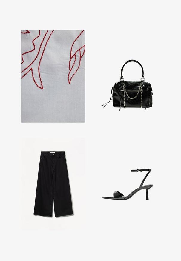 Tessuto bianco con dettagli ricamati rossi, che raffigurano forme fogliari con vari modelli di cucitura e una finitura testurizzata.; Bershka WIDE-LEG - Wide Leg - black; Bershka Sandali con tacco - black; Bershka WITH CHAIN - Borsa a mano - black