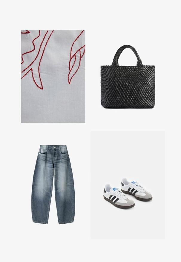 Witte stof met rode geborduurde details, die loofvormen weergeeft met verschillende steekpatronen en een textuurafwerking.; Wijd gesneden jeans van lichtblauwe denim met vervaging, met een vijf-pocket ontwerp, knoopsluiting en minimale stikdetails.; Sportschoenen met een witte leren bovenkant, grijze suède neus en drie zwarte strepen. Bevat een blauw logo op de tong en een gestructureerde rubberen zool.; Zwarte geweven tas met twee handvatten, met een gestructureerd oppervlak en een rechthoekige vorm. Eenvoudig, uniek ontwerp zonder zichtbare bevestigingsmiddelen.