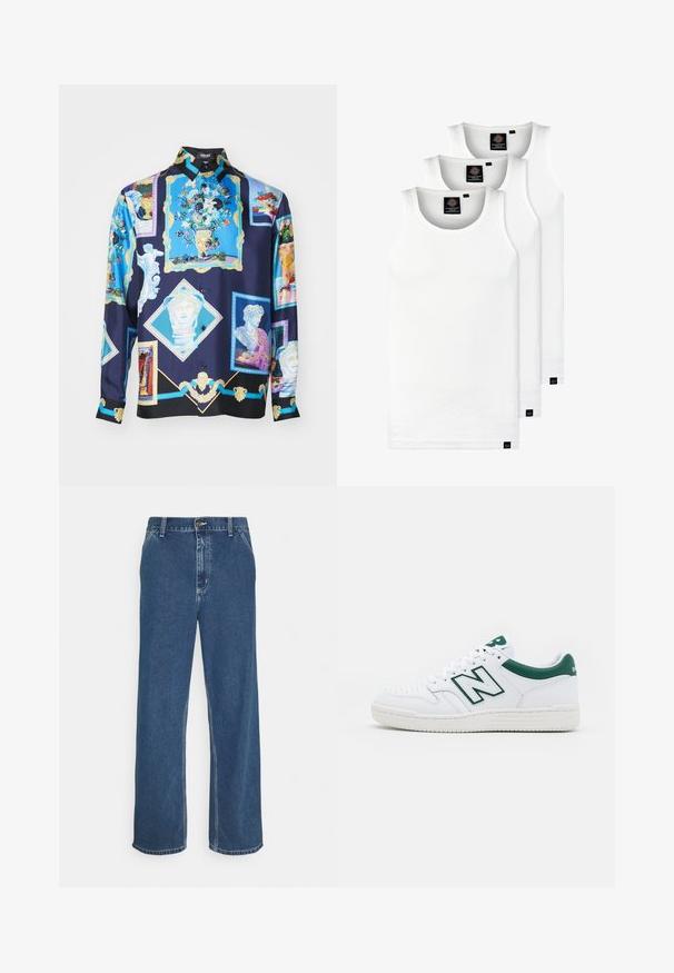 Versace - Koszula; Trzy białe prążkowane koszulki na ramiączkach wykonane z bawełny. Posiadają okrągły dekolt i małe czarne metki blisko dolnego brzegu. Dostępne w różnych rozmiarach.; Niebieskie dżinsy o prostym kroju, pięciokieszeniowym wzorze, metalowym zapięciu oraz widocznym szwie wzdłuż szwów i dołu.; Białe trampki z zielonymi akcentami, skórzana cholewka, perforowany nosek, klasyczne sznurowanie i teksturowana gumowa podeszwa. Posiada wyraźne logo "N".