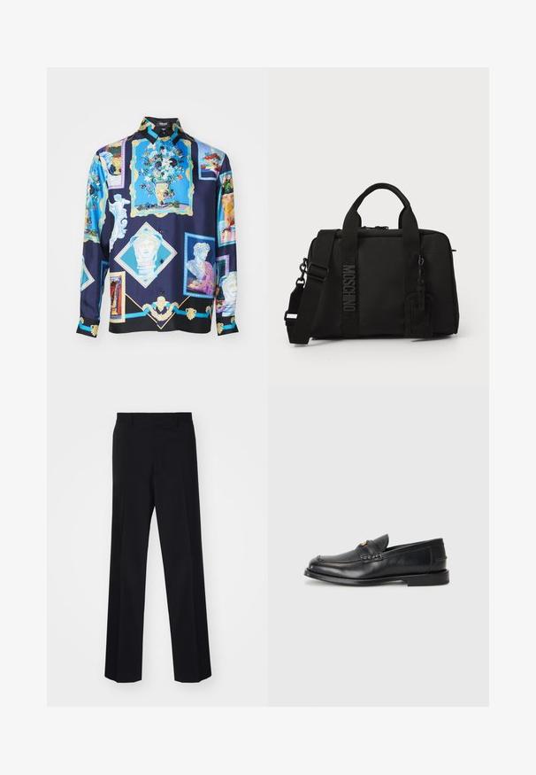 Versace INFORMAL GALLERY - Overhemd - ink blue/black/multicolor; Zwarte op maat gemaakte broek met een wijde pasvorm, gekenmerkt door een soepele textuur en scherpe plooien, gemaakt van een geweven stof.; Zwarte leren instappers met een ronde neus, gestikte details en een kleine gouden accent aan de voorkant. De zool is plat en discreet.; Zwarte textiele tas met dubbele handvatten en een afneembare schouderriem. Voorzien van een reliëflogo en leren label. Gladde textuur, rechthoekige vorm.
