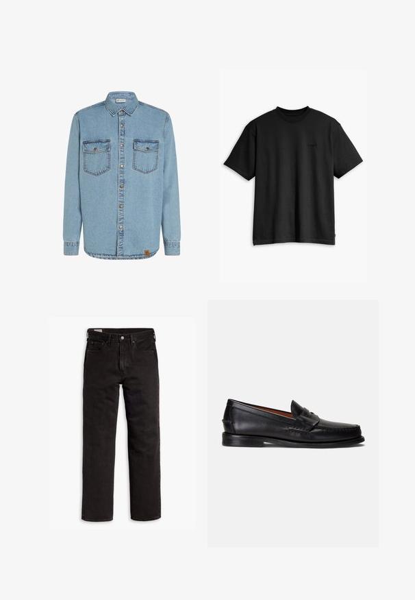 Helles Denim-Hemd mit langen Ärmeln, durchgehender Knopfleiste, zwei Brusttaschen und kontrastierenden Nähten. Mit einem gewebten Logoetikett am Saum.; Schwarzes Baumwoll-T-Shirt mit rundem Halsausschnitt und kurzen Ärmeln. Verfügt über ein dezentes Logo auf der Vorderseite und einen geraden Saum. Einfaches und minimalistisches Design.; Schwarze gerade Jeans aus Denim mit fünf Taschen, Knopfverschluss und Gürtelschlaufen, flach auf einem weißen Hintergrund ausgelegt.; Schwarze Lederloafer mit glatter Oberfläche, abgerundetem Zehenbereich und dekorativem Riemen über dem Spann. Verfügt über eine flache schwarze Sohle.