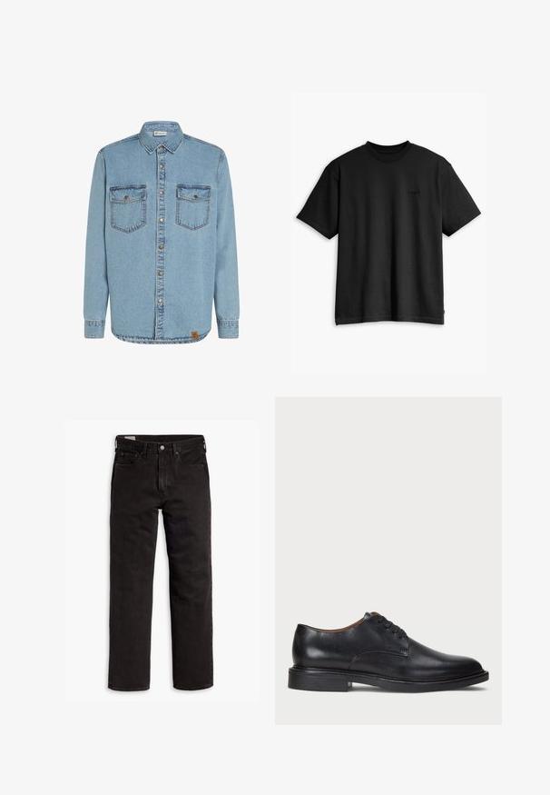 Lichtblauwe denim shirt met lange mouwen, knopenlijst aan de voorkant, twee borstzakken en contrasterende stiksels. Bevat een geweven logo-tag aan de zoom.; Zwarte katoenen t-shirt met een ronde hals en korte mouwen. Heeft een subtiel logo aan de voorkant en een rechte zoom. Eenvoudig en minimalistisch ontwerp.; Zwarte recht gesneden denim jeans met vijf zakken, knoopsluiting en riemlussen, plat gelegd op een witte achtergrond.; Zwart leren dresschoen met een ronde neus, vetersluiting en een lage gestapelde hak. Gladde textuur met minimale stiksels.