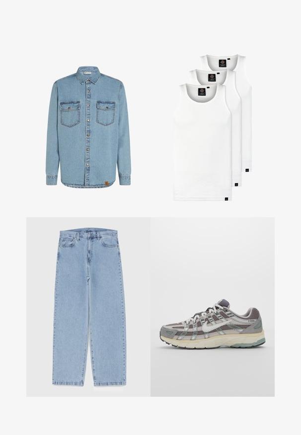 Šviesiai mėlynas džinsinis marškinis ilgomis rankovėmis, su užsegamu priekiu, dviem krūtinės kišenėmis ir kontrastingais siūlais. Yra audinio logotipo etiketė ant apdaros.; Trys balti, dryžuoti marškiniai be rankovių, pagaminti iš medvilnės. Yra apvalus kaklas ir maži juodi etiketės netoli siūlės. Siūlomi įvairių dydžių.; Šviesiai mėlyni džinsai su tiesiomis kojomis, turintys vidutinio aukščio juosmenį, penkias kišenes ir mygtuko bei užtrauktuko uždarymą.; Pilkas sportinis batas su tinklu ir zomšos viršutine dalimi, baltomis detalėmis, paminkštintu padu ir išskirtiniu dizainu su atspindinčiais elementais.