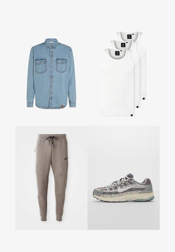 Lichtblauwe denim shirt met lange mouwen, knopenlijst aan de voorkant, twee borstzakken en contrasterende stiksels. Bevat een geweven logo-tag aan de zoom.; Drie witte geribde tanktops van katoen. Kenmerken zijn een ronde hals en kleine zwarte labels nabij de zoom. Verkrijgbaar in meerdere maten.; Grijze Nike-sweatpants met een verstelbare tailleband, taps toelopende benen, zijzakken en opvallende naaddetails. Zachte, gestructureerde stof.; Grijze sportieve schoen met een bovenwerk van mesh en suede, witte accenten, een gevoerde zool en een onderscheidend ontwerp met reflecterende elementen.