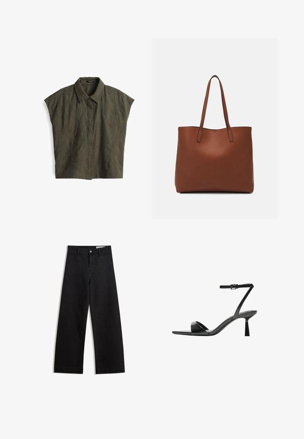 Korte mouwen, overhemd met kraag in olijfgroen met textuurpatronen van bladeren; heeft een knopenlijst en een relaxte pasvorm.; Zwarte denim broek met wijde pijpen en een hoge taille, voorzien van voor- en achterzakken, gestikte naden en een knoopsluiting. Gladde textuur.; Bershka Sandalen met hoge hak - black; Bruine leren tote bag met een gladde textuur, een ontwerp met een open bovenkant en twee schouderbanden. Kenmerkt zich door minimale stiksels en geen zichtbare hardware.